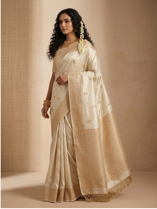 Royal Ivory Tissue Silk Saree with Elegant Zari Work