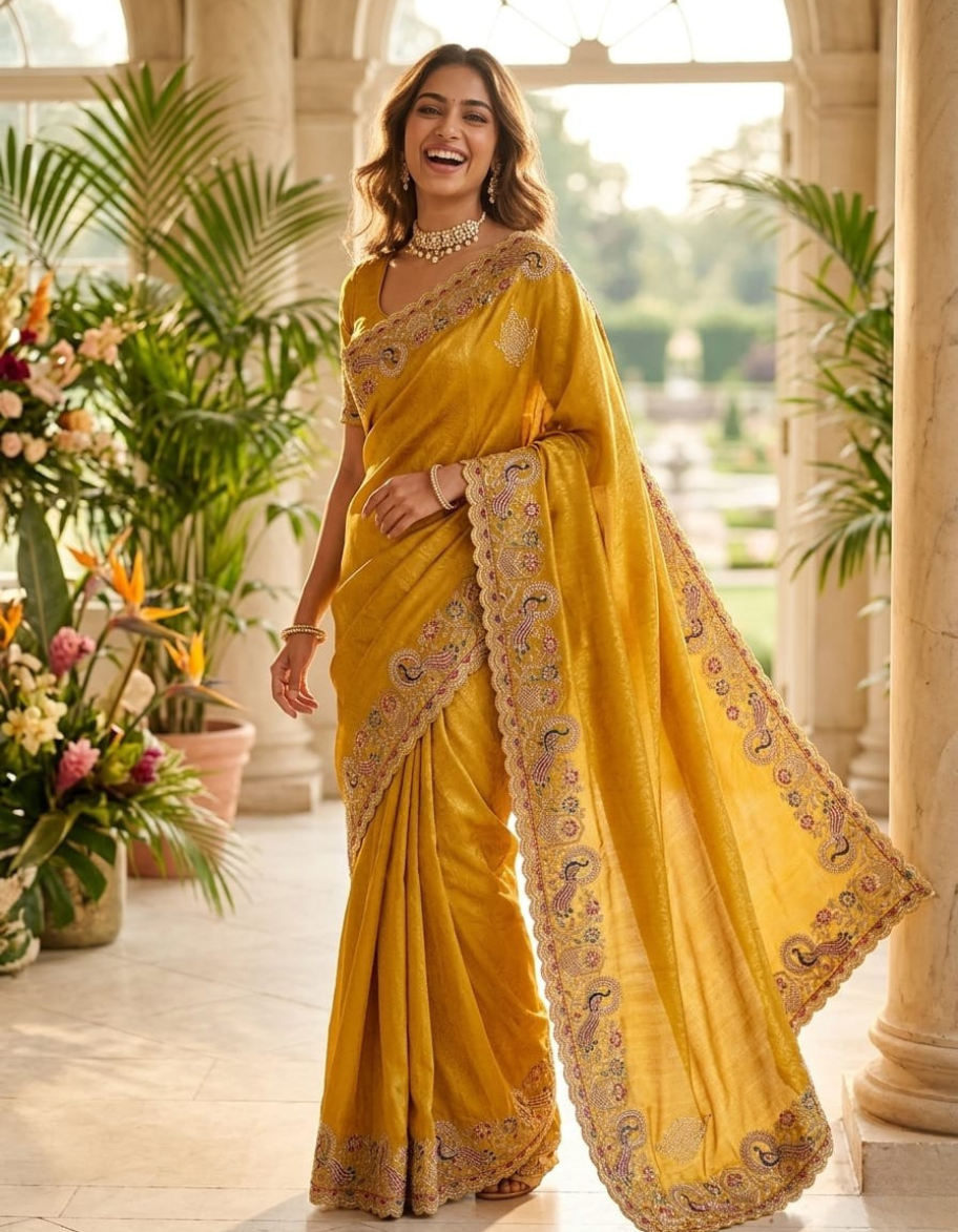 Royal Peacock Meena Embroidered Kanjivaram Tissue Silk Saree with Handcrafted Cutwork Border