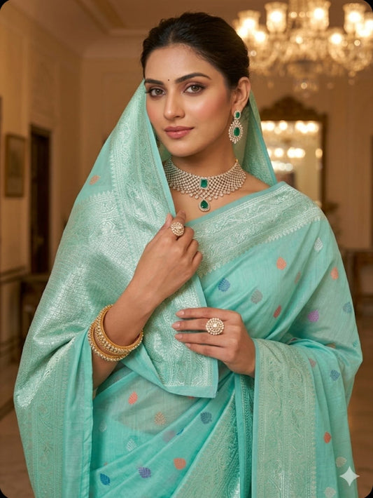 Mint Confetti Handwoven Cotton Banarasi Saree