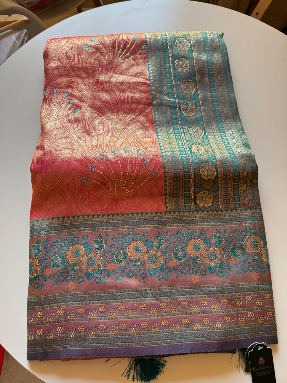 Silk Kanjivaram Saree with Swarovski Meena Work and Rich Zari Border