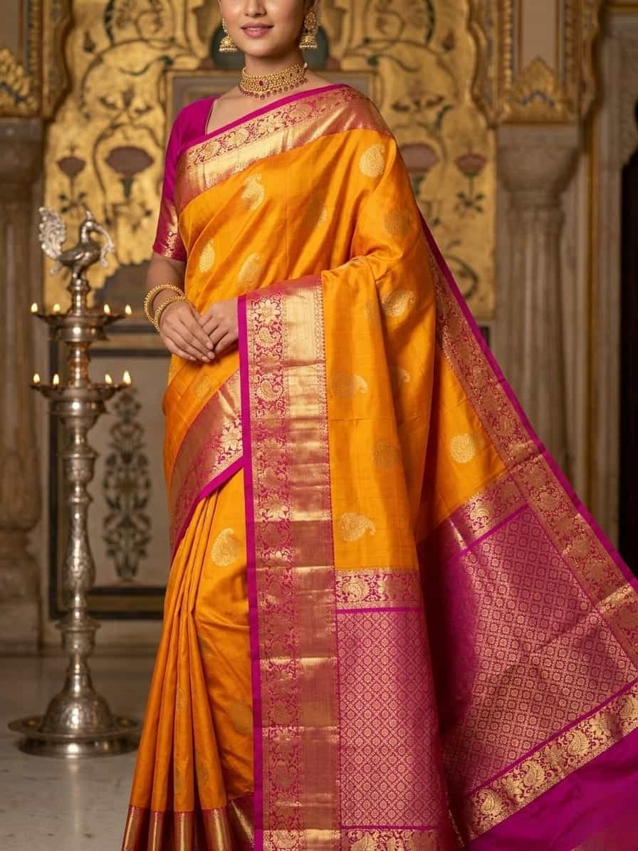 Kesariya Kanchipuram Pure Silk Saree