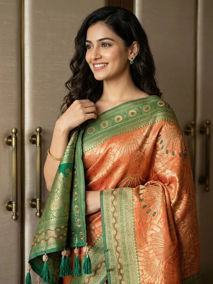 Silk Kanjivaram Saree with Swarovski Meena Work and Rich Zari Border