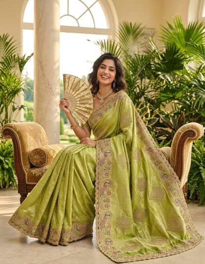 Royal Peacock Meena Embroidered Kanjivaram Tissue Silk Saree with Handcrafted Cutwork Border