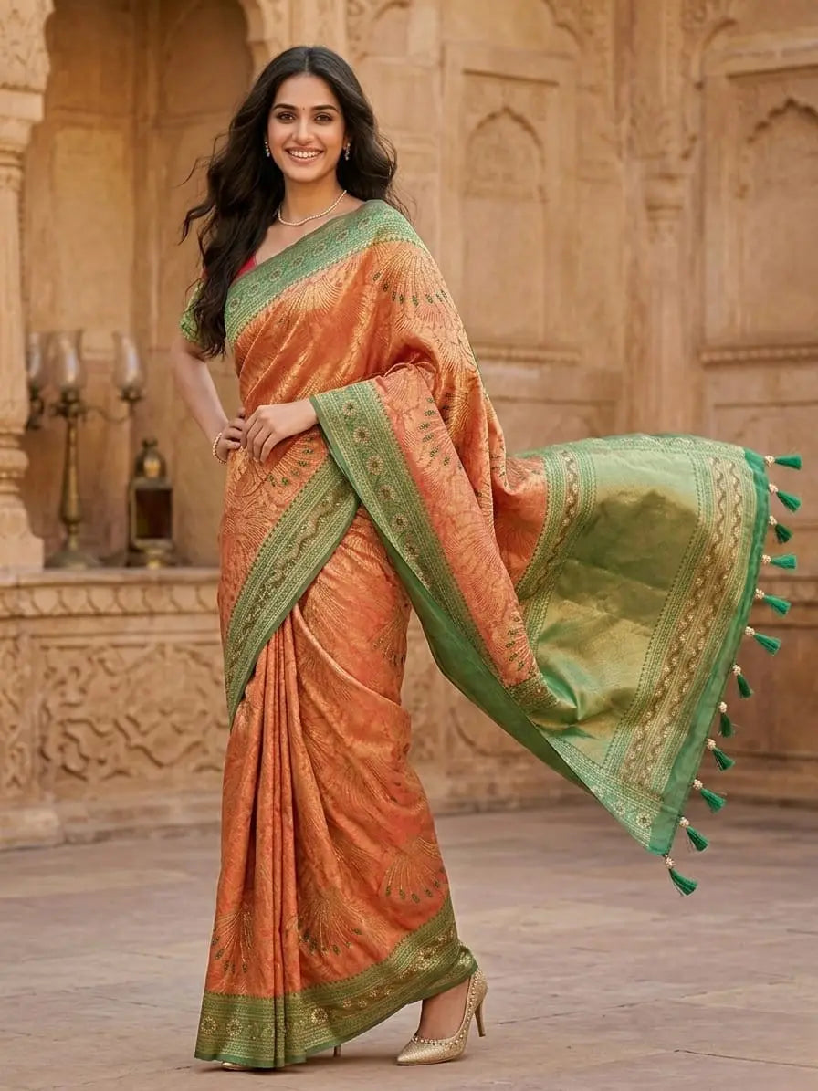 Silk Kanjivaram Saree with Swarovski Meena Work and Rich Zari Border