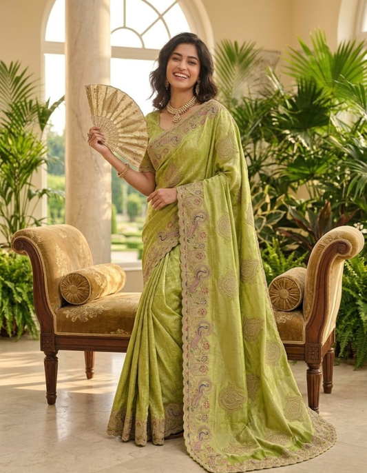 Royal Peacock Meena Embroidered Kanjivaram Tissue Silk Saree with Handcrafted Cutwork Border