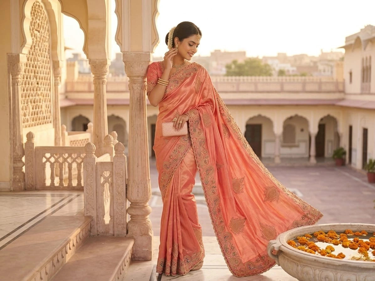 Royal Peacock Meena Embroidered Kanjivaram Tissue Silk Saree with Handcrafted Cutwork Border