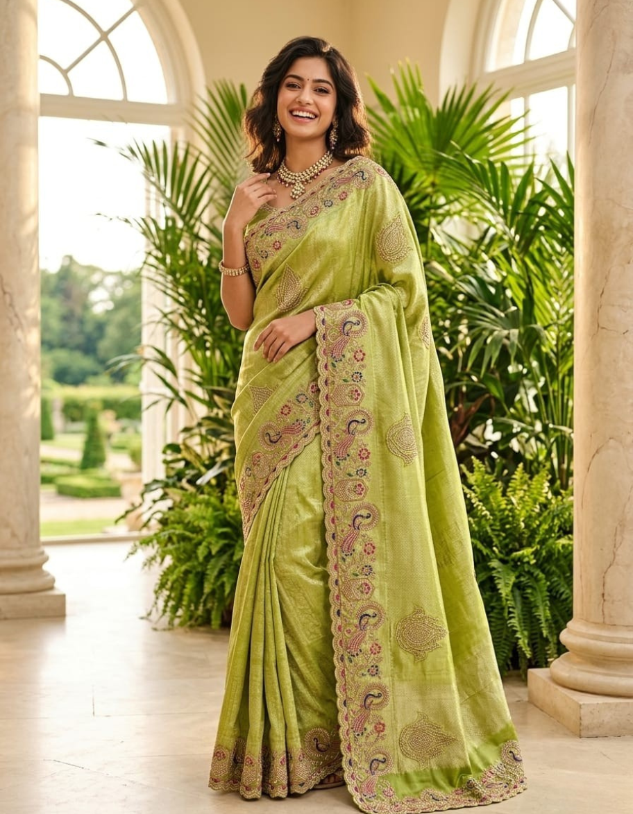 Royal Peacock Meena Embroidered Kanjivaram Tissue Silk Saree with Handcrafted Cutwork Border