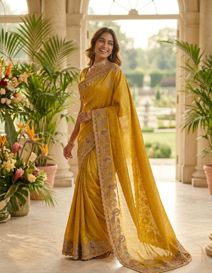 Royal Peacock Meena Embroidered Kanjivaram Tissue Silk Saree with Handcrafted Cutwork Border