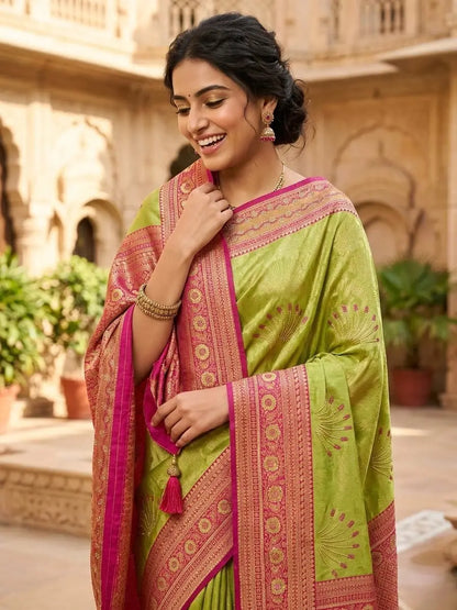 Silk Kanjivaram Saree with Swarovski Meena Work and Rich Zari Border