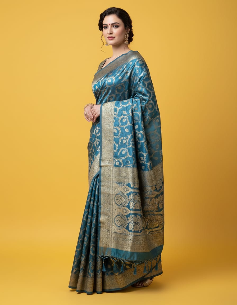 Soft Silk Jaal Work Saree with Rich Zari Woven Border