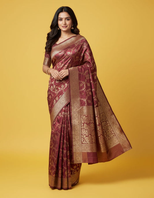 Soft Silk Jaal Work Saree with Rich Zari Woven Border