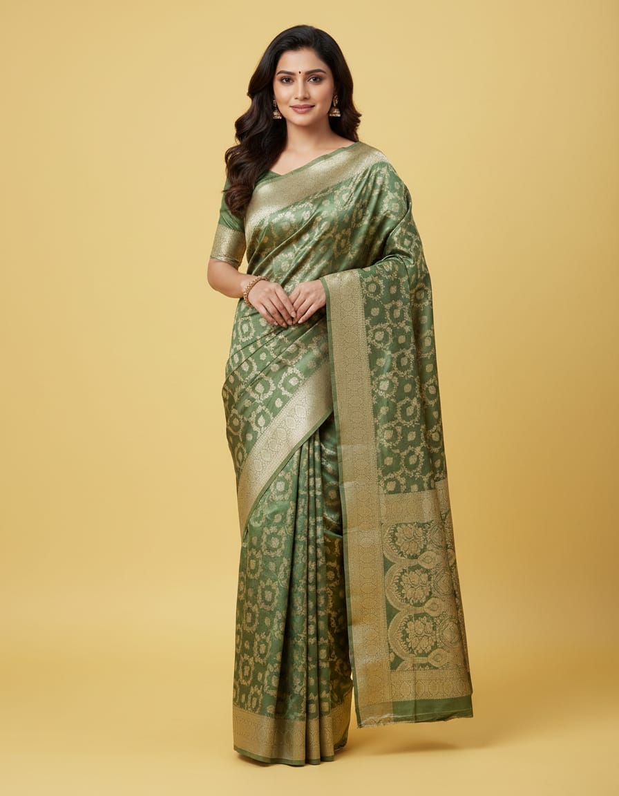 Soft Silk Jaal Work Saree with Rich Zari Woven Border