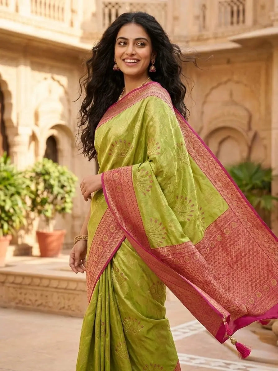 Silk Kanjivaram Saree with Swarovski Meena Work and Rich Zari Border