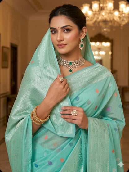 Mint Confetti Handwoven Cotton Banarasi Saree