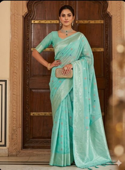 Mint Confetti Handwoven Cotton Banarasi Saree