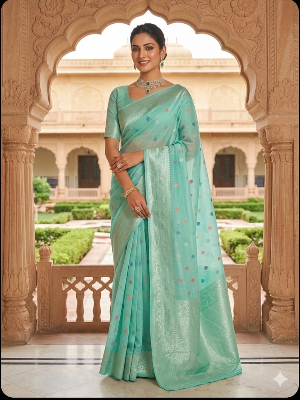 Mint Confetti Handwoven Cotton Banarasi Saree