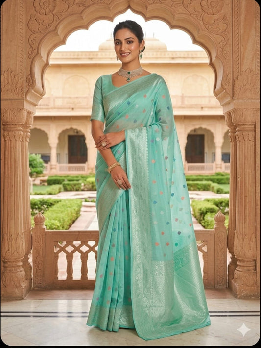 Mint Confetti Handwoven Cotton Banarasi Saree