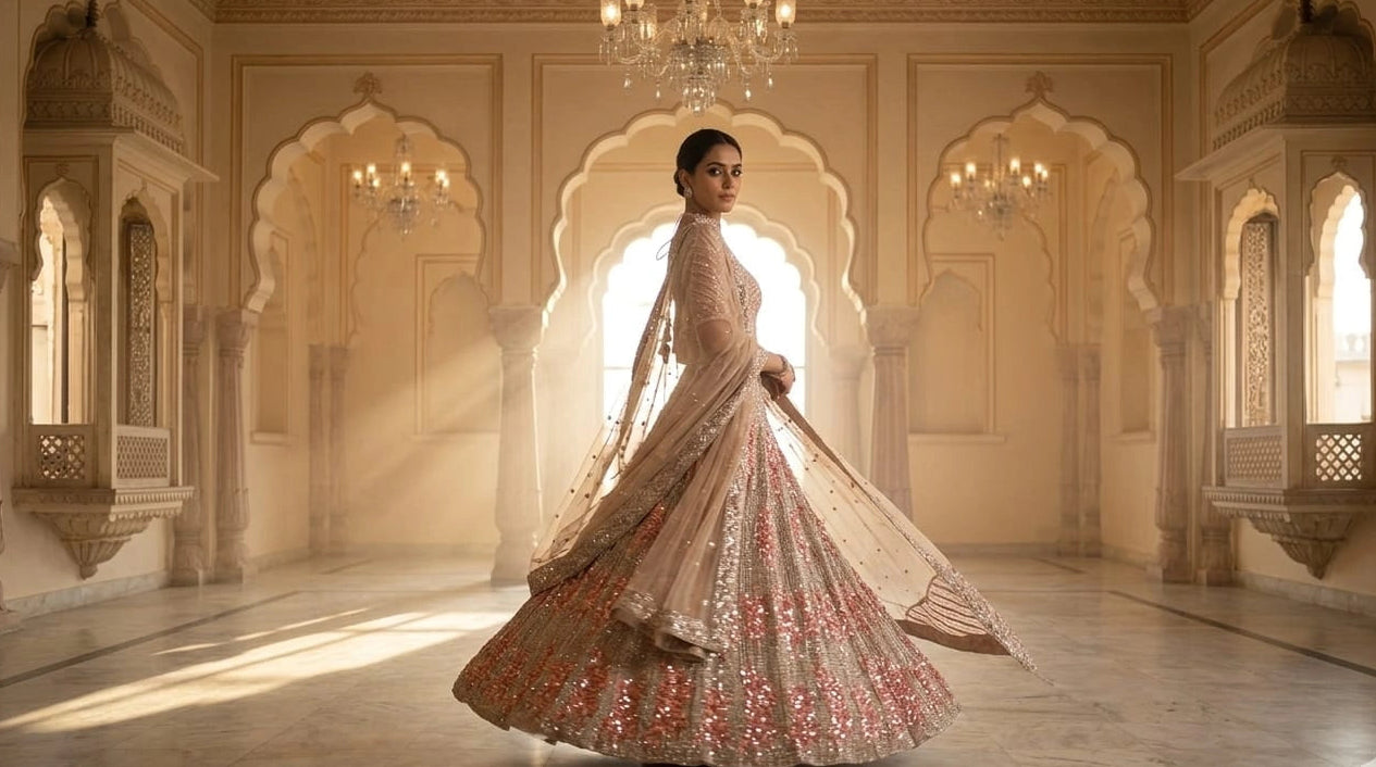 Woman in a traditional embroidered dress standing in an ornate room with chandeliers.