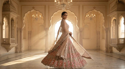 Woman in a traditional embroidered dress standing in an ornate room with chandeliers.