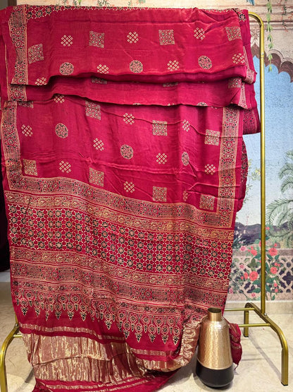Madhumati Modal Maroon Ajrakh Saree