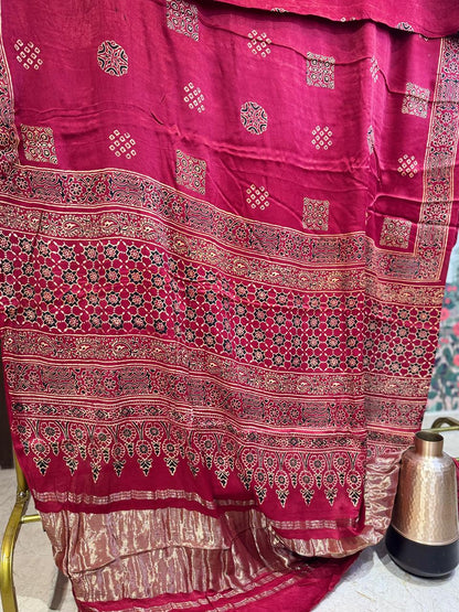 Madhumati Modal Maroon Ajrakh Saree
