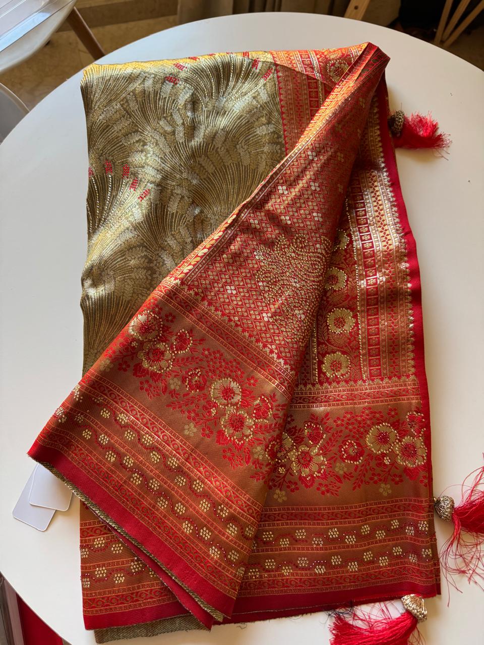 Silk Kanjivaram Saree with Swarovski Meena Work and Rich Zari Border