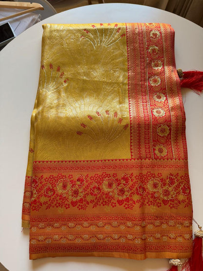 Silk Kanjivaram Saree with Swarovski Meena Work and Rich Zari Border