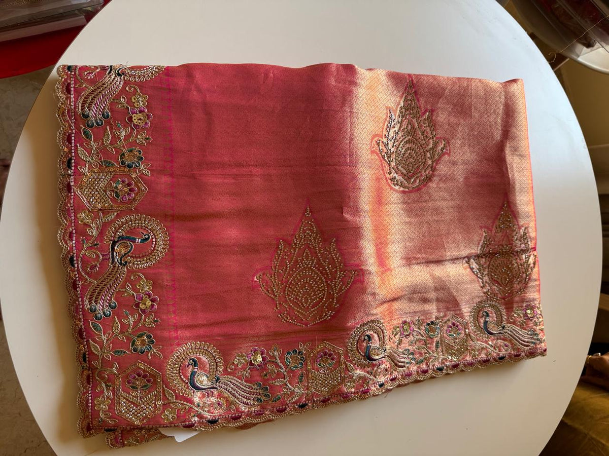Royal Peacock Meena Embroidered Kanjivaram Tissue Silk Saree with Handcrafted Cutwork Border