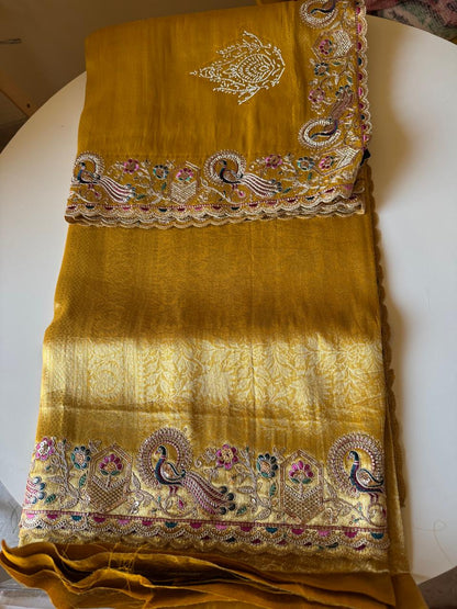 Royal Peacock Meena Embroidered Kanjivaram Tissue Silk Saree with Handcrafted Cutwork Border