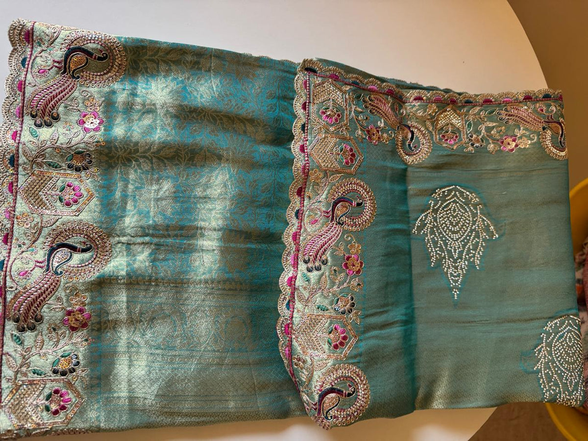 Royal Peacock Meena Embroidered Kanjivaram Tissue Silk Saree with Handcrafted Cutwork Border