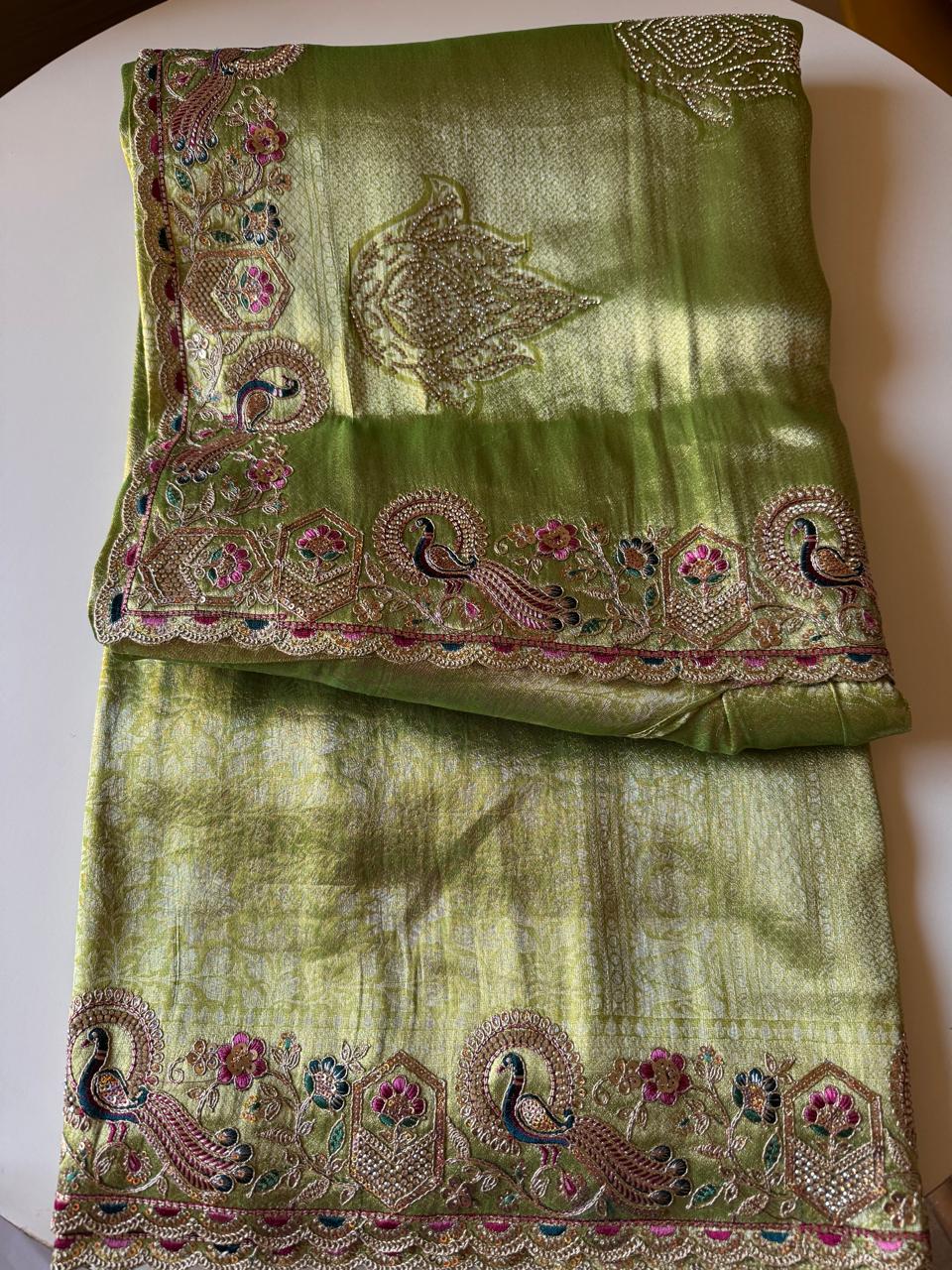 Royal Peacock Meena Embroidered Kanjivaram Tissue Silk Saree with Handcrafted Cutwork Border