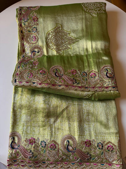 Royal Peacock Meena Embroidered Kanjivaram Tissue Silk Saree with Handcrafted Cutwork Border