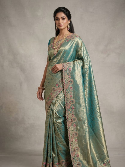Royal Peacock Meena Embroidered Kanjivaram Tissue Silk Saree with Handcrafted Cutwork Border