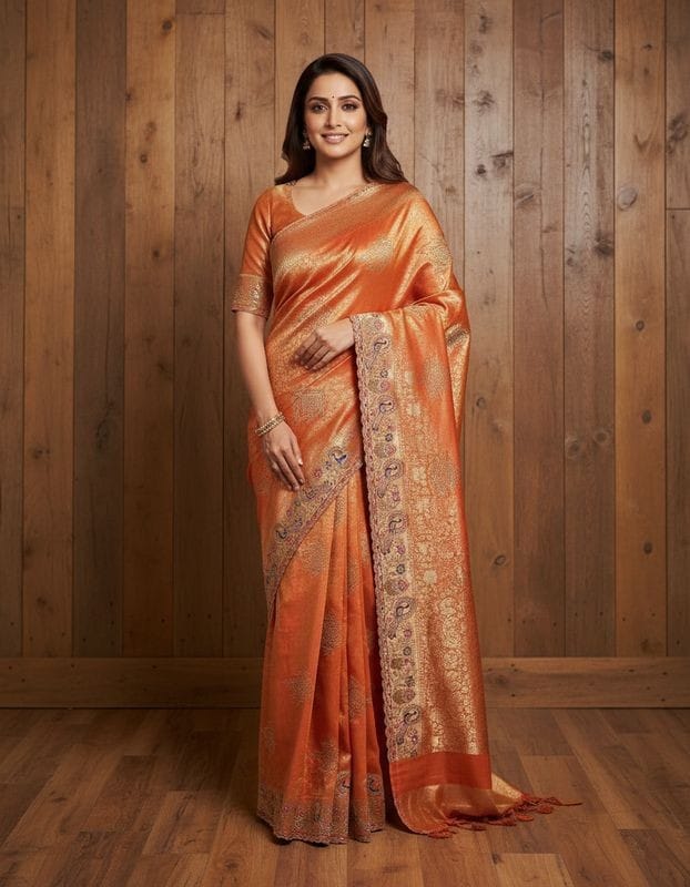 Royal Peacock Meena Embroidered Kanjivaram Tissue Silk Saree with Handcrafted Cutwork Border