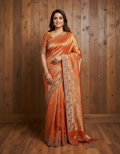 Royal Peacock Meena Embroidered Kanjivaram Tissue Silk Saree with Handcrafted Cutwork Border