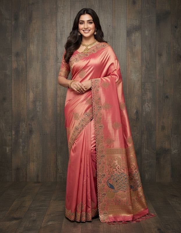 Royal Peacock Meena Embroidered Kanjivaram Tissue Silk Saree with Handcrafted Cutwork Border