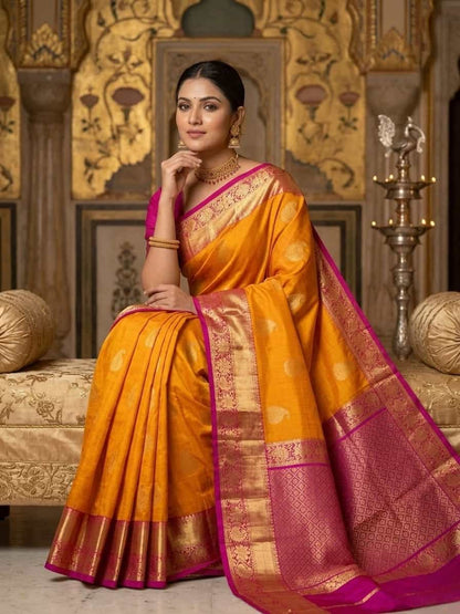 Kesariya Kanchipuram Pure Silk Saree